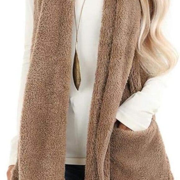Womens Sleeveless Sherpa Vest with Pockets Lapel Open Front Fleece Cardigan Swea - Picture 1 of 5